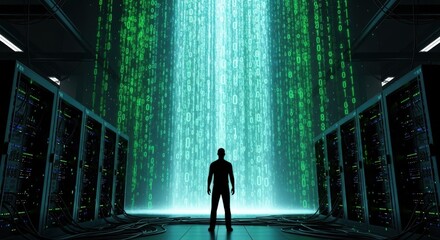 Lone figure stands silhouetted against a massive glowing digital data stream in a futuristic server room