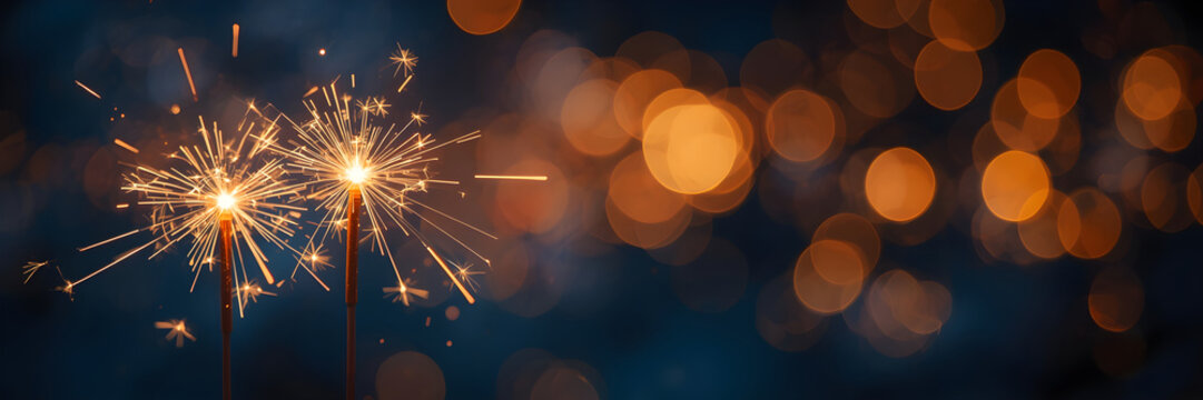 Sparkling sparklers illuminate festive celebrations with golden bokeh, perfect for New Year's Eve, holidays, or event promotions, creating a magical ambience - Powered by Adobe