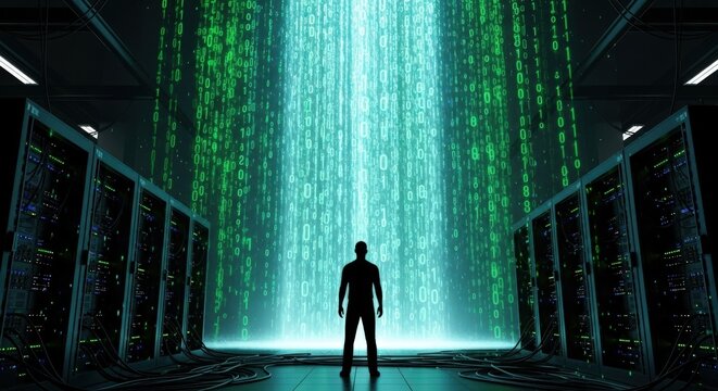 Lone figure stands silhouetted against a massive glowing digital data stream in a futuristic server room