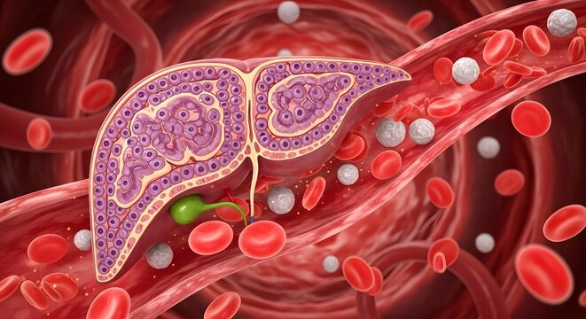 A detailed digital illustration showing a human liver with surrounding blood cells and internal structures, highlighting anatomy and biological functions
