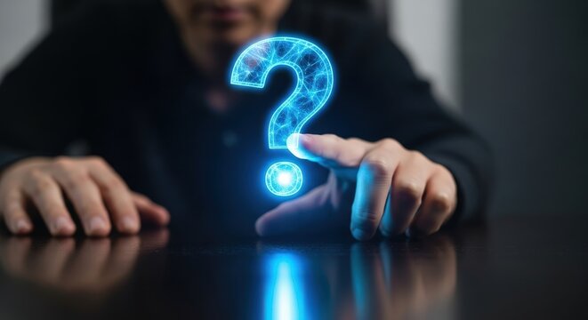 Person s hand touching a glowing blue digital question mark symbol on a dark reflective surface