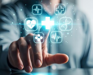 Cutting-edge healthcare technology interface with glowing icons for modern medicine