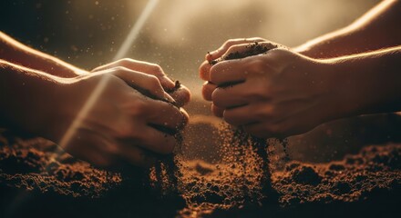 Close-up shot of two hands releasing sand in the air with warm, golden lighting and a shallow depth of field.