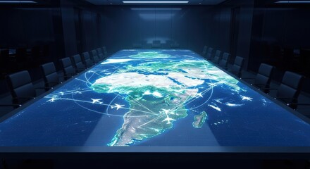 Global business strategy meeting around a futuristic holographic earth data table