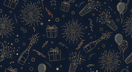 Elegant navy and gold celebration pattern perfect for upscale events and luxurious New Year's Eve parties with fireworks, champagne, and gifts