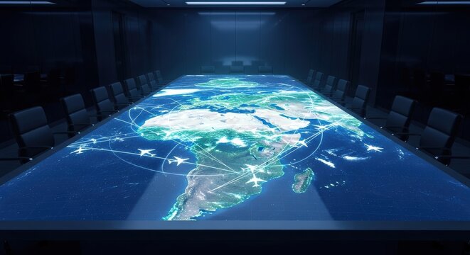 Global business strategy meeting around a futuristic holographic earth data table