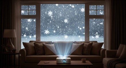 Cozy living room with projector displaying a snowy winter scene on a large window