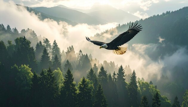 A soaring eagle above a forested mountain scene in the clouds
