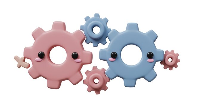Cute Gear Cartoon Characters Interlocking on White Background.