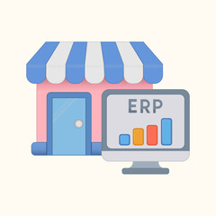 Flat icon of store with ERP system concept, representing business management and software solutions. Perfect for web, app, and business design. Vector.