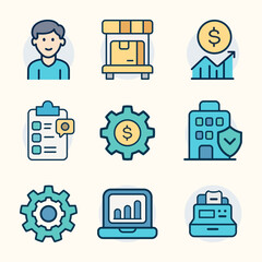 Set of icon business  with ERP system concept, representing business management and software solutions. Perfect for web, app, and business design. Vector