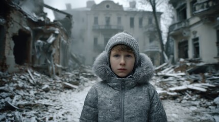 Young Boy Standing Amidst Debris and Ruins in a War Torn Cityscape During Winter
