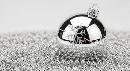 A single silver christmas bauble with a snowflake design sits on a bed of tiny silver beads, isolated on white background