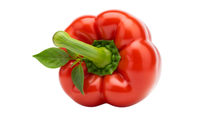 A single red bell pepper with green leaves, isolated on transparent background