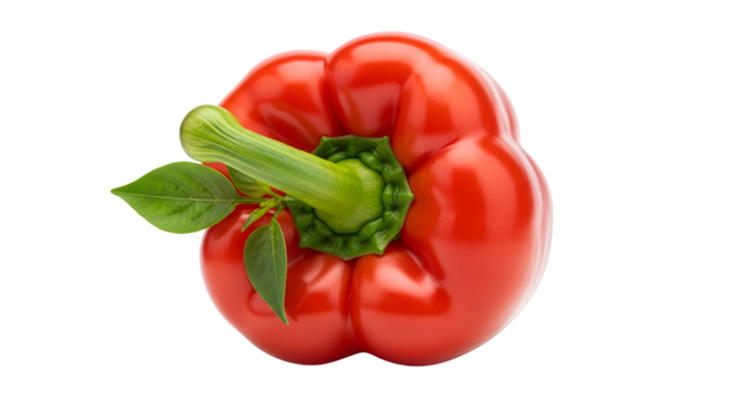 A single red bell pepper with green leaves, isolated on transparent background
