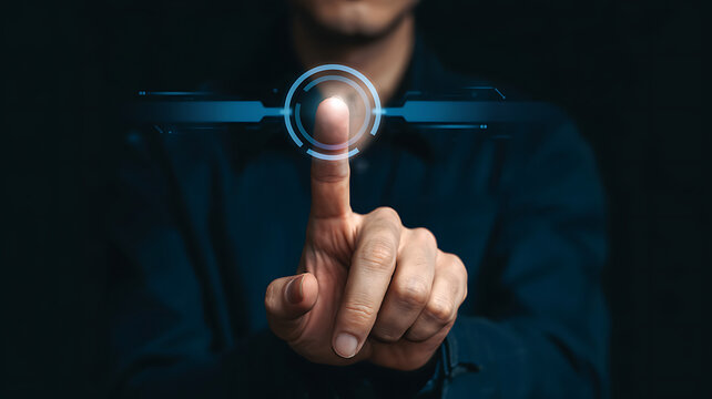 Doctor's finger on a magnifying glass searching for a discovery while pressing a virtual button