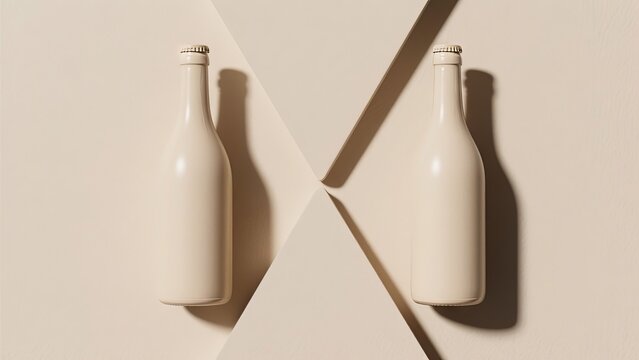 Two identical bottles with a smooth cream finish are positioned symmetrically on a soft beige surface. The geometric arrangement highlights their minimalist design