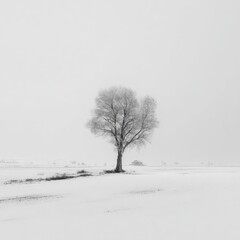 Fototapeta premium Solitary Tree in Winter Landscape Under Soft Snowy Atmosphere