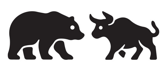 Bull vs Bear Market Silhouettes. Black Financial Icons Representing Stock Market Trends.