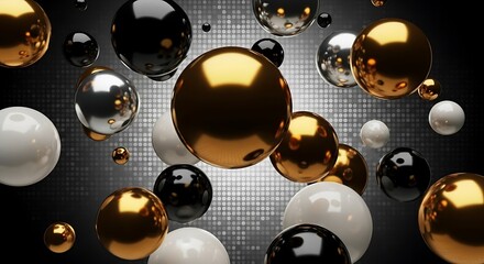 A dynamic collection of shiny metallic spheres in gold, silver, and black, suspended against a dark, textured background with subtle grid pattern