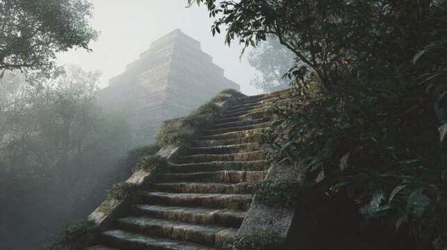 Set of stone stairs leading up to a tall pyramid-like structure in the middle of a foggy forest. - Powered by Adobe