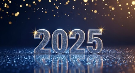 Sparkling 2025 new year celebration with bokeh lights, reflecting elegance, wishing happiness for the future on transparent background