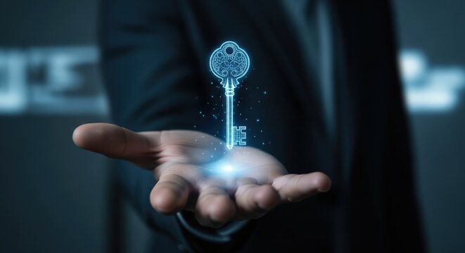 Businessman holding a glowing digital key in his open palm representing access and opportunity