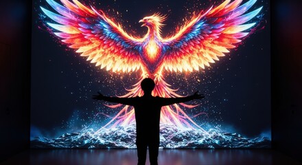 Silhouette of a person with arms outstretched embracing a vibrant fiery phoenix bird of rebirth