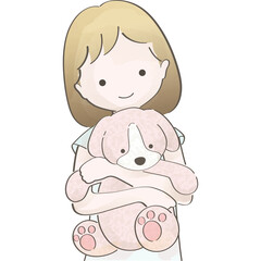 Illustration of a young girl with blonde hair holding a pink stuffed dog with a gentle smile against a transparent background depicting innocence and comfort