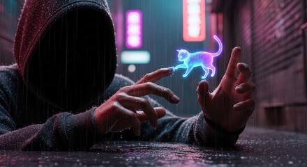 Mysterious figure in a hooded jacket conjures a glowing neon cat in a futuristic city alley
