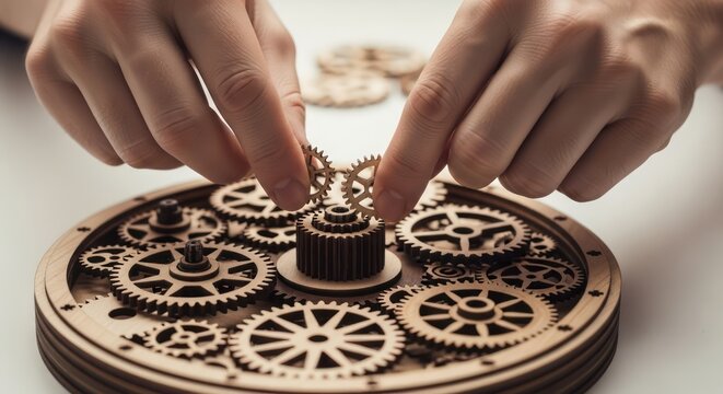 Close-up of hands assembling a wooden gear mechanism on a table with a shallow depth of field and warm tones. - Powered by Adobe