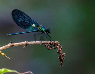 A vibrant iridescent dragonfly resting on a dried, textured twig