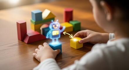 Child s hands playing with colorful building blocks and a holographic robot toy
