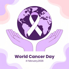 World Cancer Day awareness with hands supporting globe and ribbon