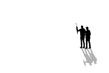 Silhouettes of two men walking with umbrella and their shadows