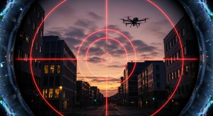 Drone flying over city street at sunset viewed through a red crosshair targeting system