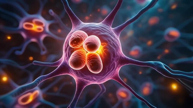 A detailed visualization of a neuron's soma, where mitochondrial bodies perform vital tasks, generating energy for the neural network