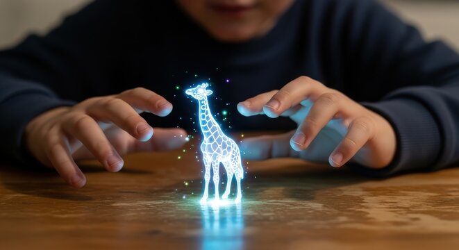 Child s hands creating a glowing holographic giraffe from digital light and energy