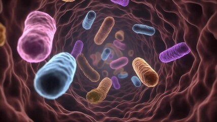A vibrant microscopic visualization of a diverse bacterial population navigating through a biological vessel