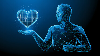 Digital human holding glowing heart with cardiogram, symbolizing health and technology