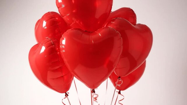 Bunch of glossy red heart-shaped balloons against a soft white background