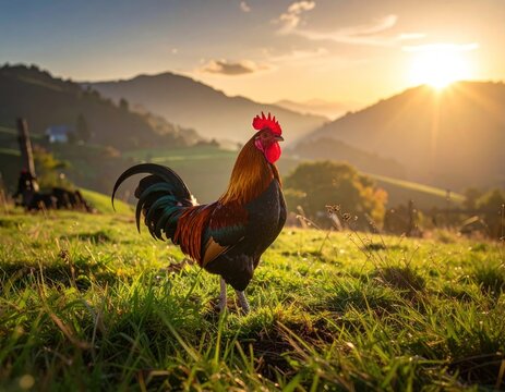 A vibrant rooster basks in the golden light of dawn amidst rolling hills