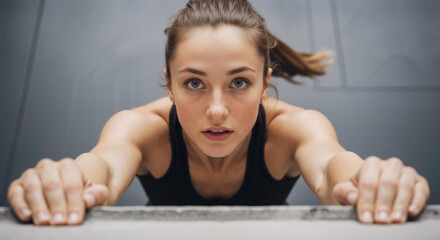 A determined woman in a dynamic, high-angle view focuses intently while pulling herself up, creating an empowering and athletic mood.