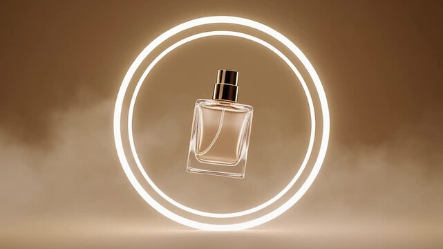 Elegant perfume bottle floats in glowing circle, luxury product presentation