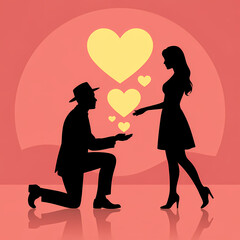 Romantic proposal silhouette with hearts floating creating a loving atmosphere