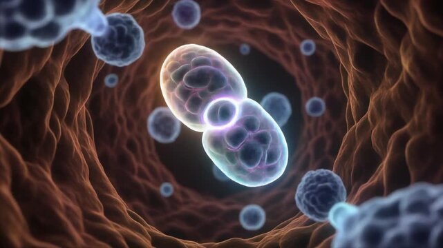 A dynamic microscopic view of a living cell undergoing division, reshaping its morphology as it replicates within a biological vessel