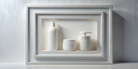 Simple yet stylish arrangement of skincare products against a smooth background. The items are neatly presented in a rectangular frame that adds a touch of elegance