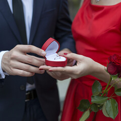 Man proposes with diamond ring in heart box, woman accepts with red rose.