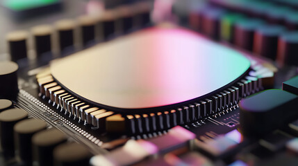 Close-up of a vibrant, multi-colored CPU chip on a circuit board, showcasing the intricate components and advanced technology within a modern computer system.