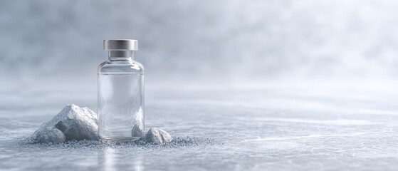 Clear glass vial with liquid on icy surface against a soft blurred backdrop